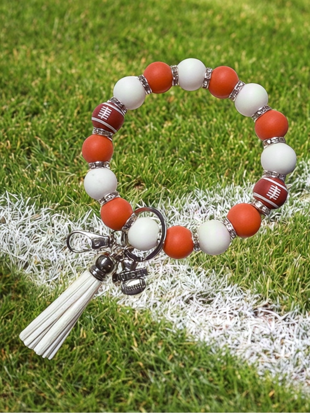 Burnt Orange and White TX Football Silicone Bead Wristlet Keychain Handmade